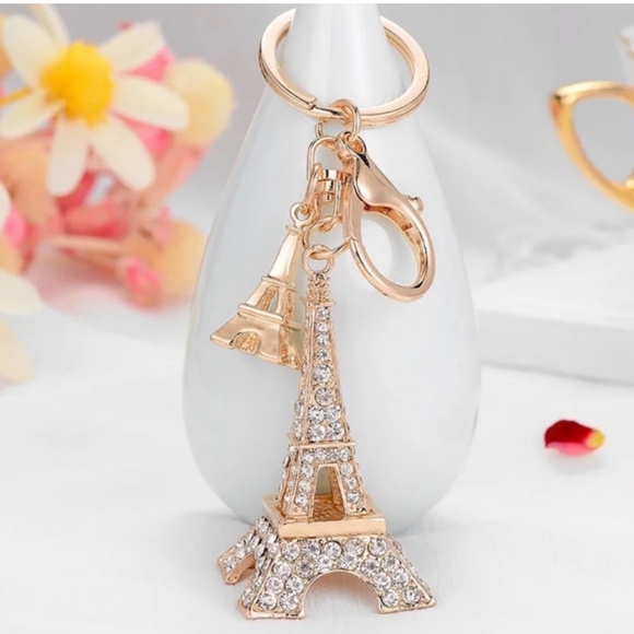 RHINESTONE DOUBLE EFFLE TOWER PURSE CHARM OR KEYRING GOLD HARDWARE UNBRANDED - Picture 4 of 9